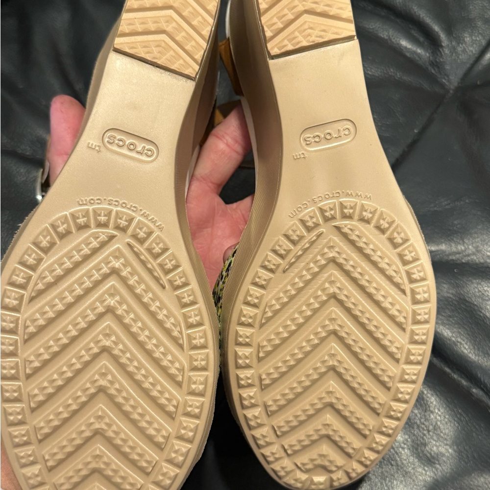 Women’s Crocs Tan Wedge Sandals with Yellow Floral Straps - Picture 5 of 9